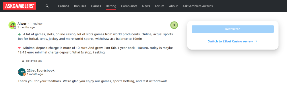 22bet AskGamblers