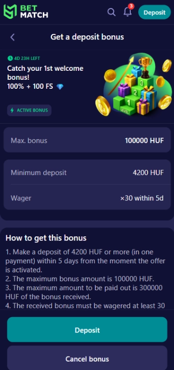 Betmatch Üdvözlőbónusz