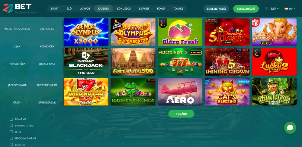 Játékszolgáltatók a 22bet Casino