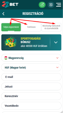 Regisztráció típusának kiválasztása