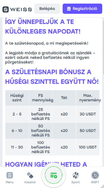 Weiss Befizetés nélküli bónusz